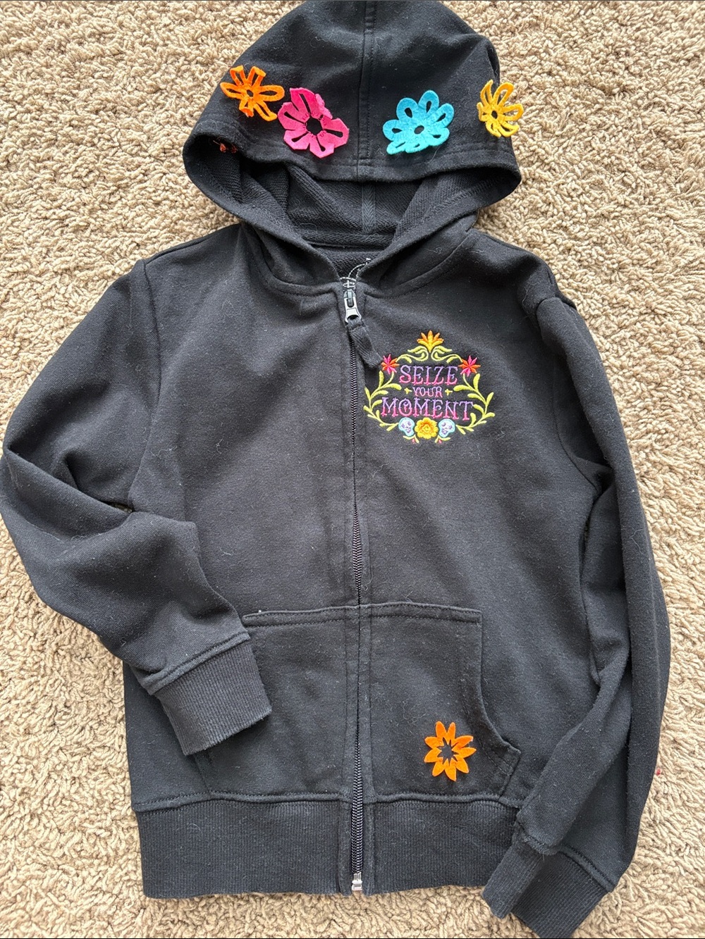 Disney Black Zip Hoodie with Multicolor Floral Accents